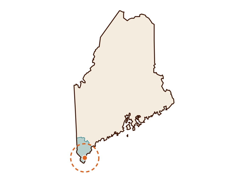Map of Maine highlighting York County and Cape Neddick, served by Comfort Professor