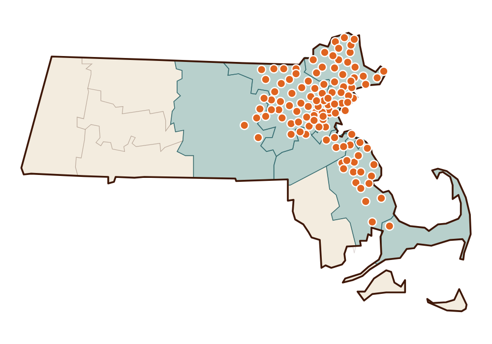 Map of eastern Massachusetts showing the 111 cities and towns served by Comfort Professor