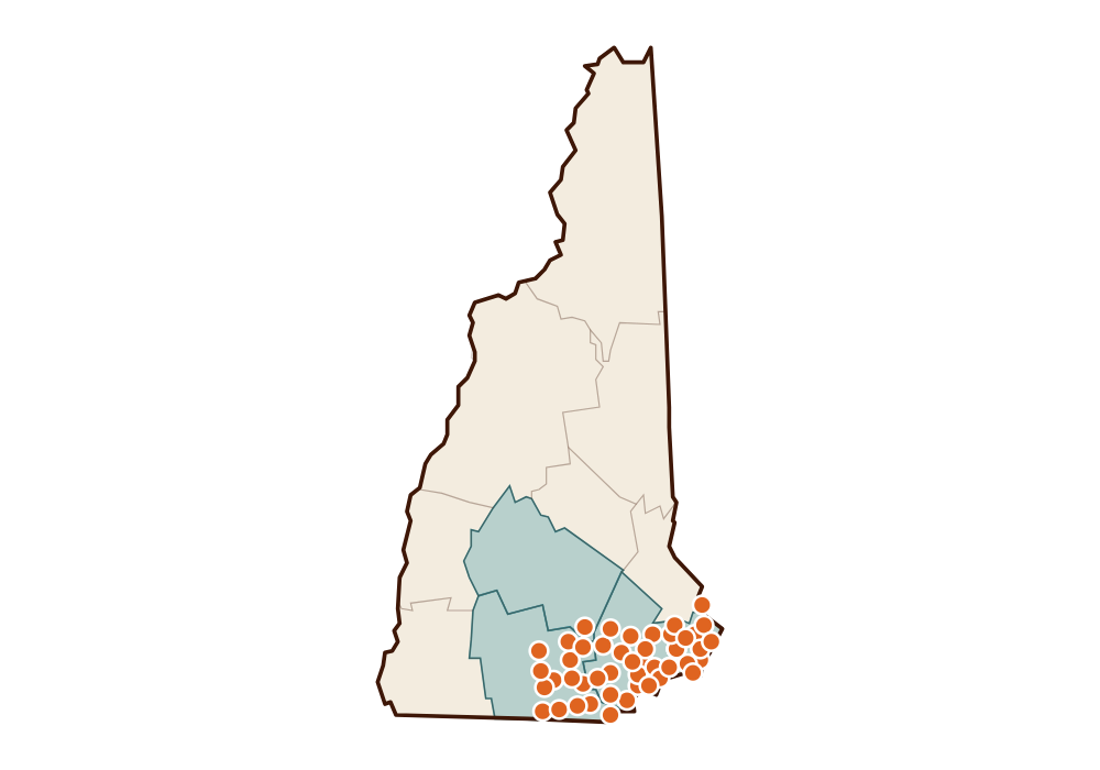 Map of southern New Hampshire showing the 48 cities and towns served by Comfort Professor
